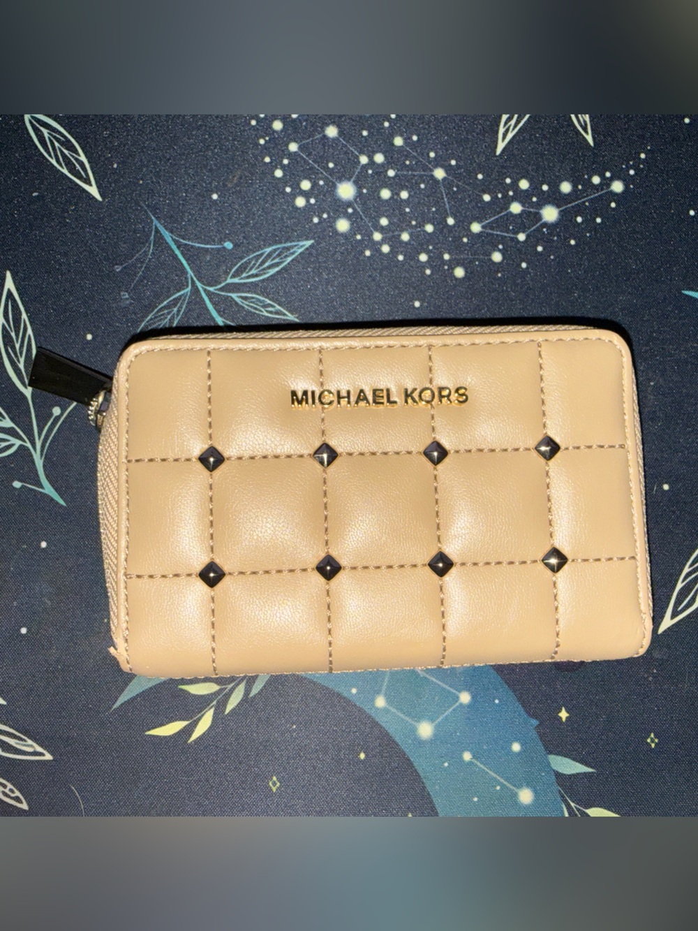 Michael Kors Small Studded Quilted Wallet in Tan